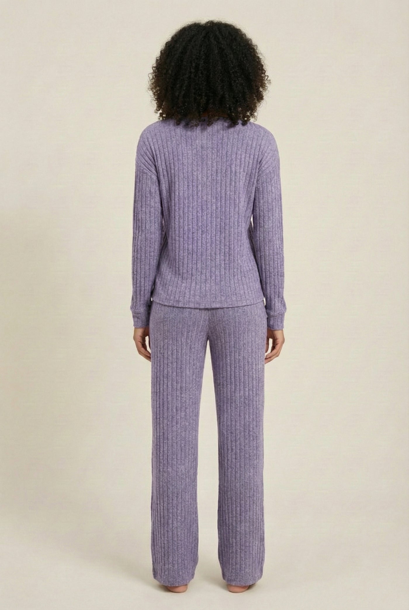 Women's Linea Set by LOHNR in Lavender. A premium matching lounge set featuring a smooth, sweatshirt-material henley top and tailored comfortable joggers.