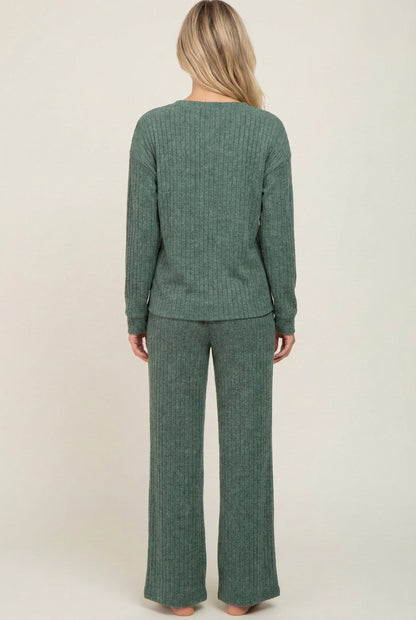 Women's Linea Set by LOHNR in Sage. A premium matching lounge set featuring a smooth, sweatshirt-material henley top and tailored comfortable joggers.