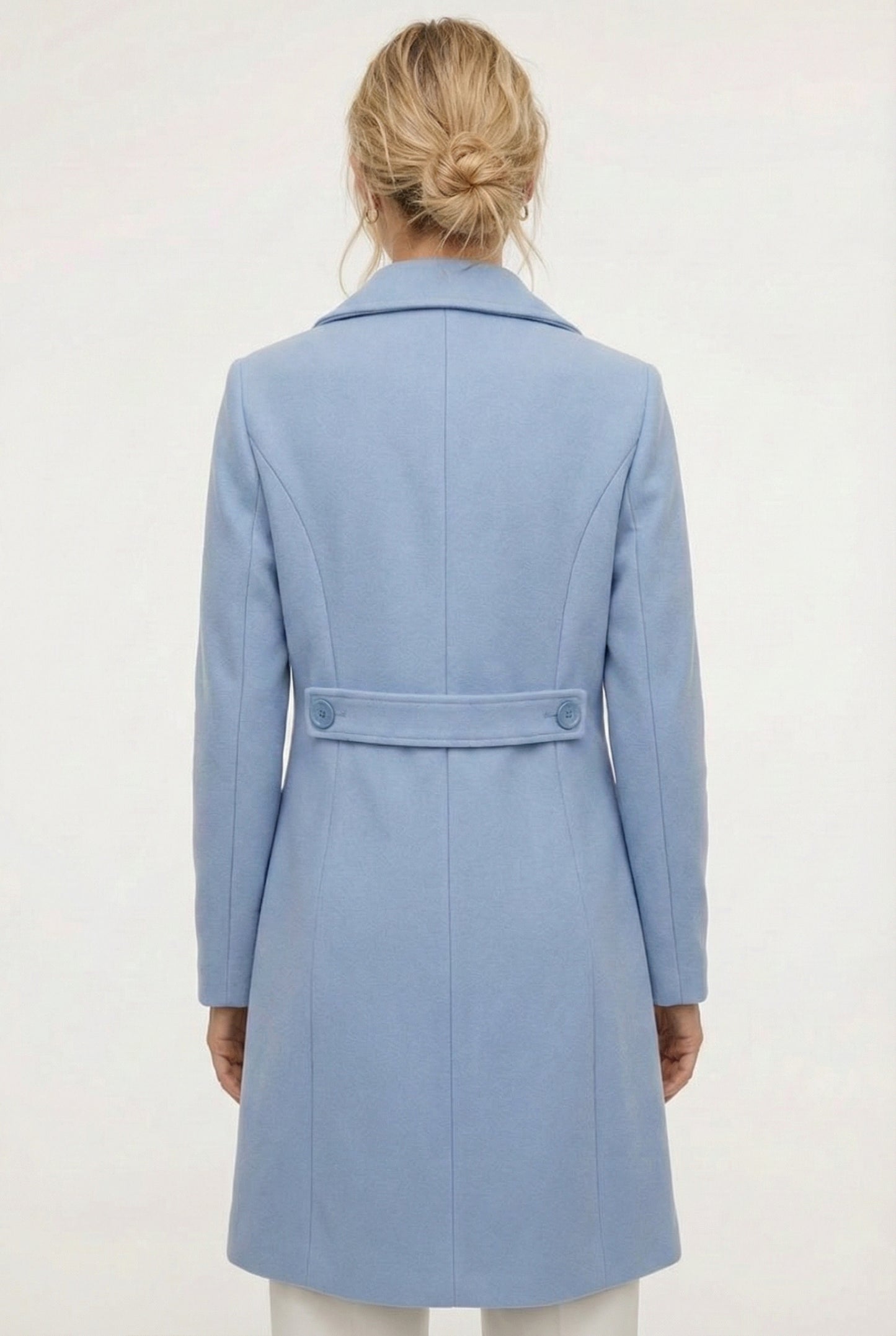 Coast light blue Mercer Coat by LOHNR, a tailored faux wool trench coat featuring structured lapels, deep utility pockets, and a refined quiet luxury aesthetic.