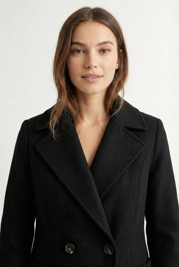 Onyx black Mercer Coat by LOHNR, a tailored faux wool trench coat featuring structured lapels, deep utility pockets, and a refined quiet luxury aesthetic.