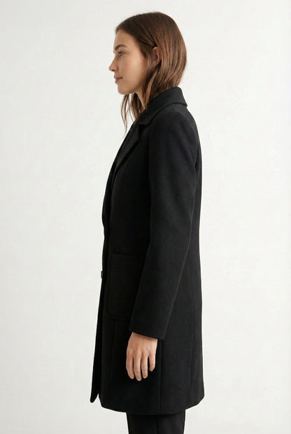 Onyx black Mercer Coat by LOHNR, a tailored faux wool trench coat featuring structured lapels, deep utility pockets, and a refined quiet luxury aesthetic.