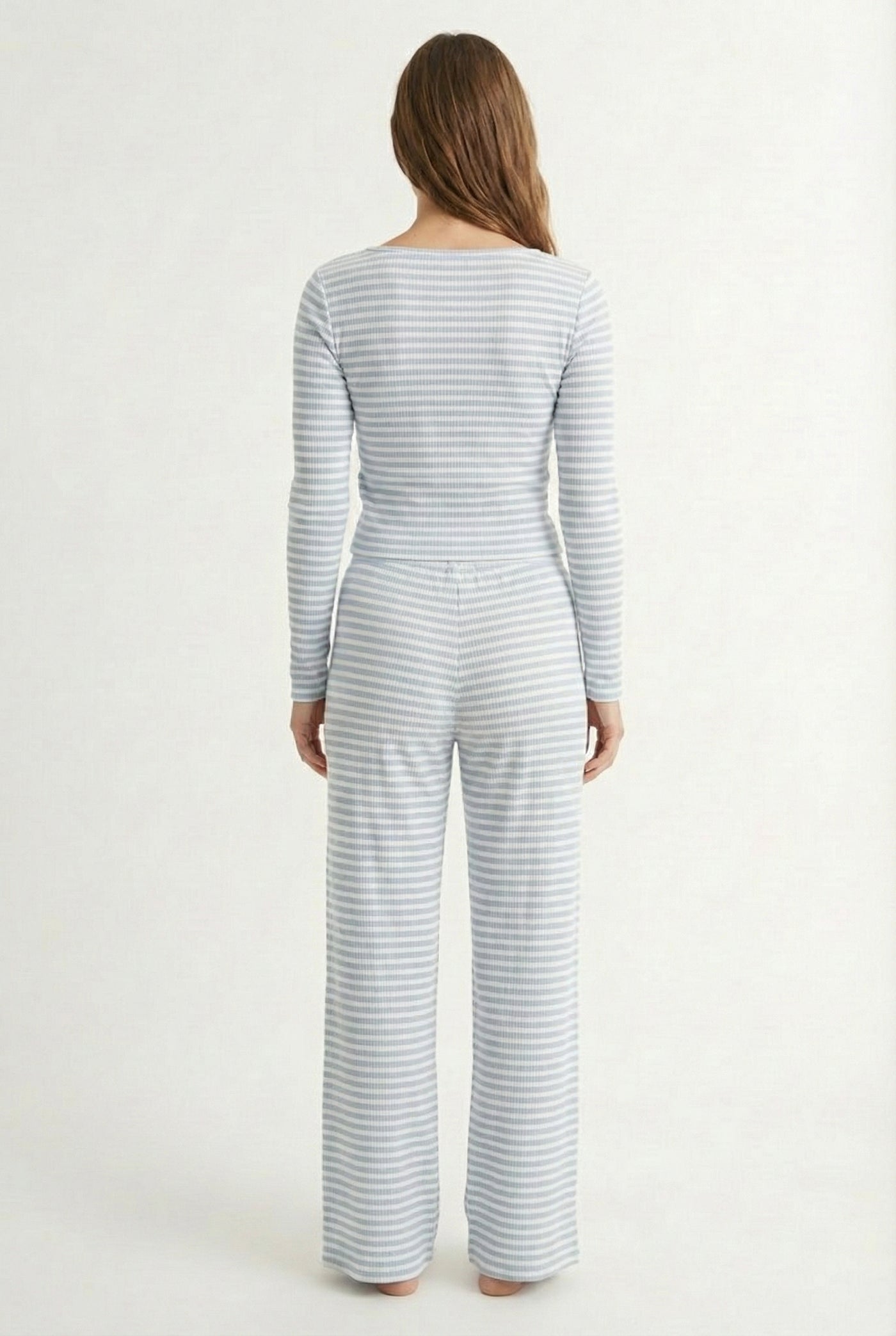 Lohnr The Mono Set in Pebble - A luxury structured square-neck crop top and wide-leg trouser lounge set crafted from a smooth, premium sweatshirt material.