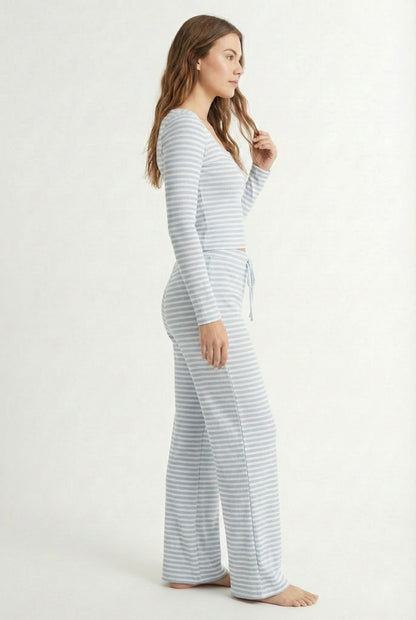 Lohnr The Mono Set in Pebble - A luxury structured square-neck crop top and wide-leg trouser lounge set crafted from a smooth, premium sweatshirt material.