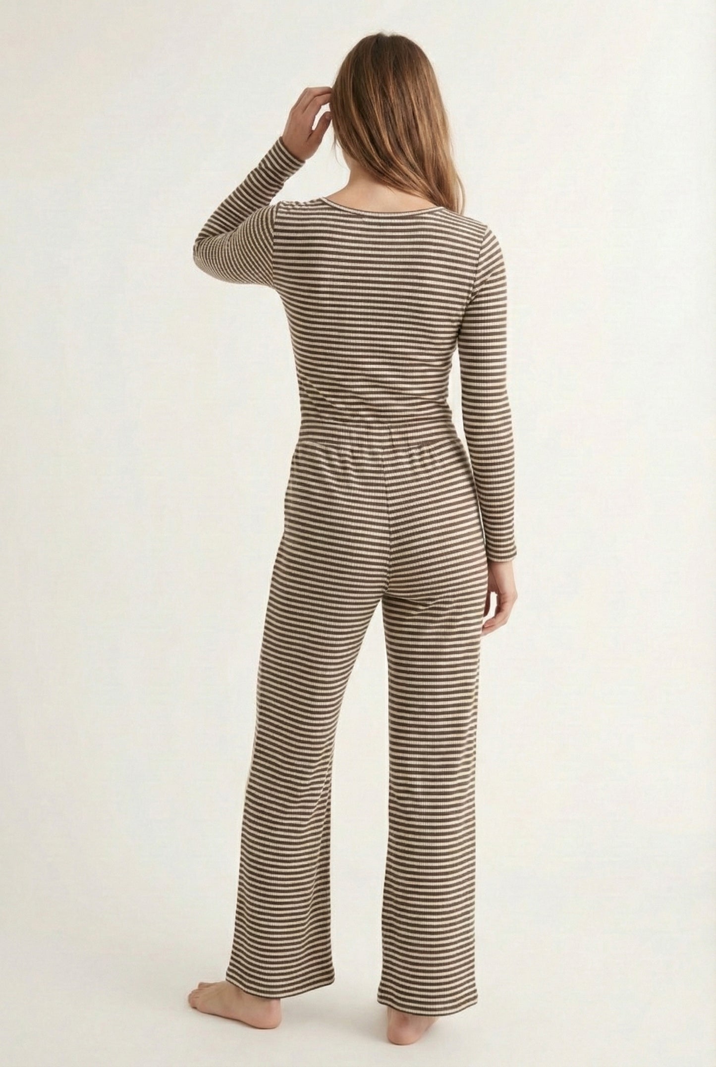 Lohnr The Mono Set in Truffle - A luxury structured square-neck crop top and wide-leg trouser lounge set crafted from a smooth, premium sweatshirt material.