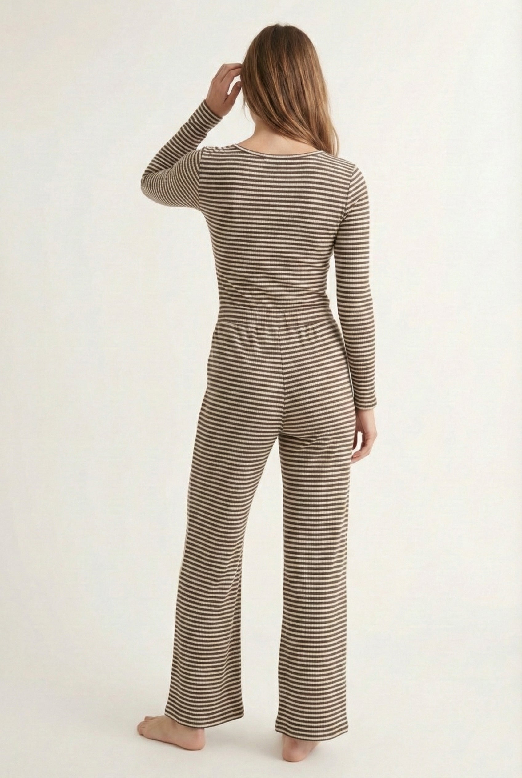 Lohnr The Mono Set in Truffle - A luxury structured square-neck crop top and wide-leg trouser lounge set crafted from a smooth, premium sweatshirt material.