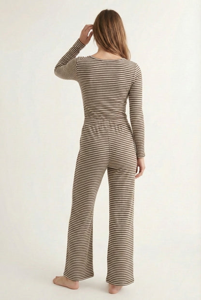 Lohnr The Mono Set in Truffle - A luxury structured square-neck crop top and wide-leg trouser lounge set crafted from a smooth, premium sweatshirt material.