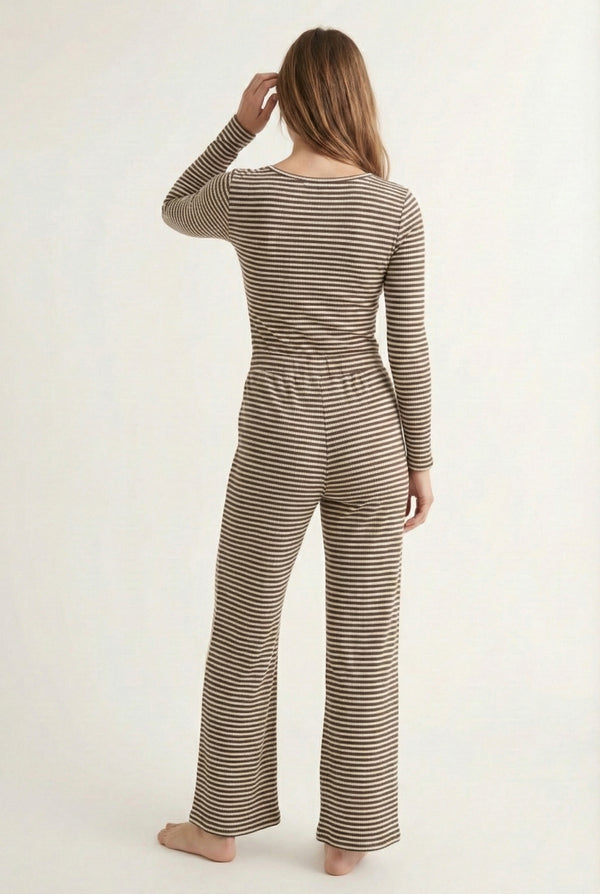 Lohnr The Mono Set in Truffle - A luxury structured square-neck crop top and wide-leg trouser lounge set crafted from a smooth, premium sweatshirt material.