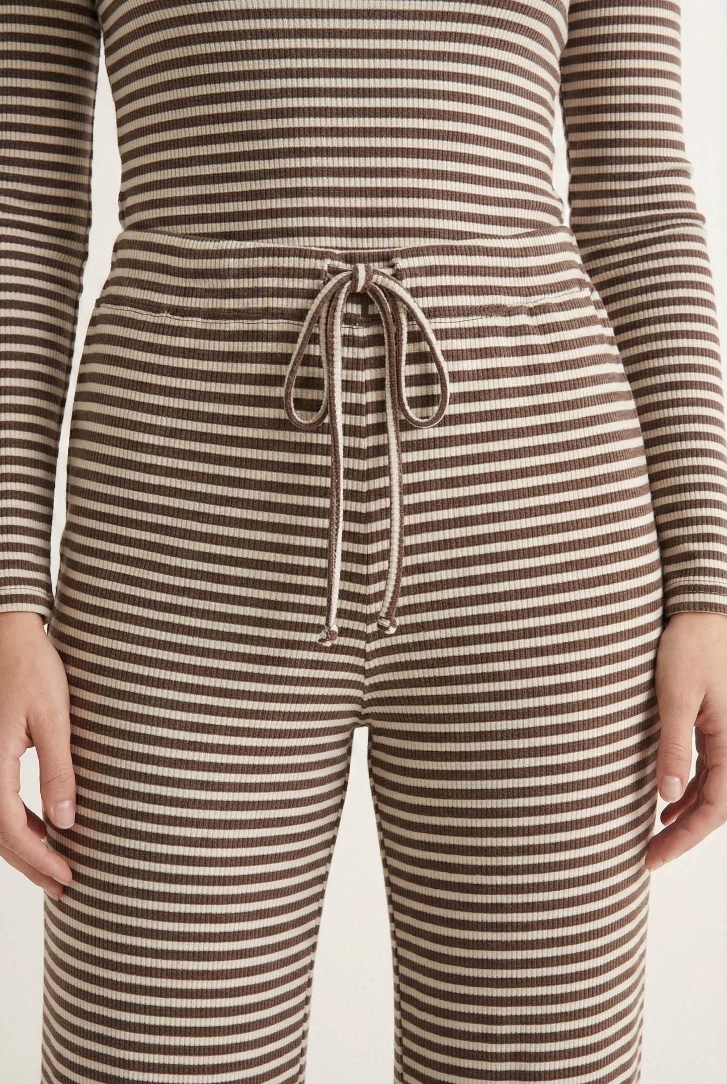 Lohnr The Mono Set in Truffle - A luxury structured square-neck crop top and wide-leg trouser lounge set crafted from a smooth, premium sweatshirt material.