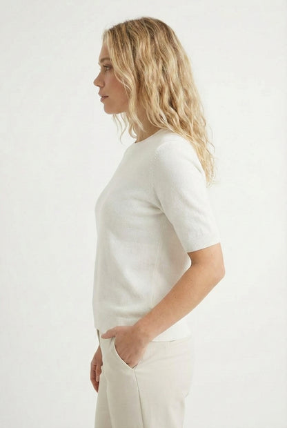 LOHNR Rhea Sweater in Ecru - Breathable luxury sculpted tee with architectural drape and silky finish