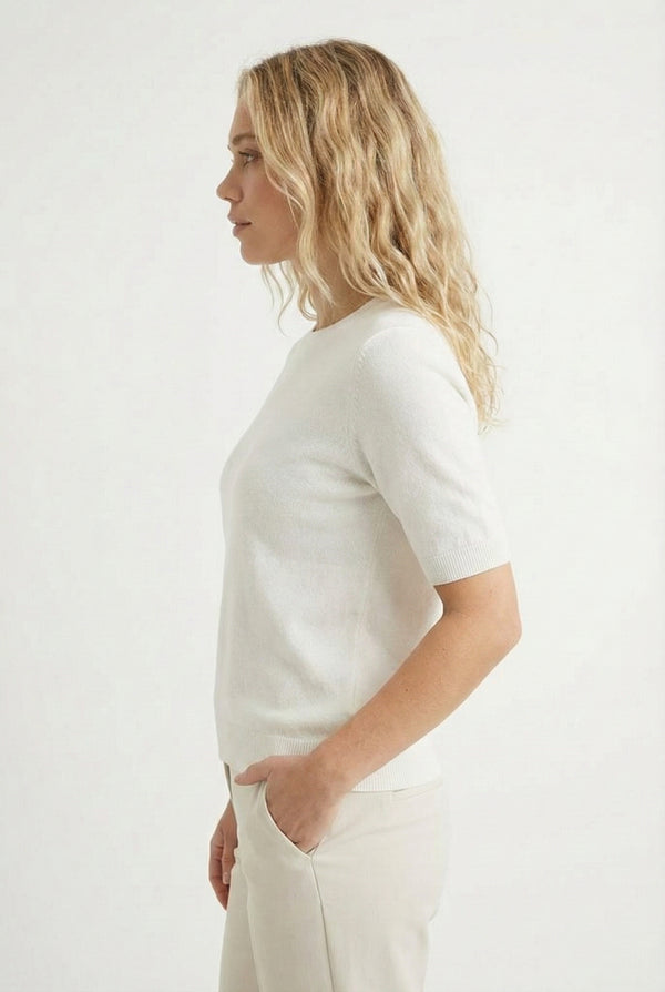 LOHNR Rhea Sweater in Ecru - Breathable luxury sculpted tee with architectural drape and silky finish