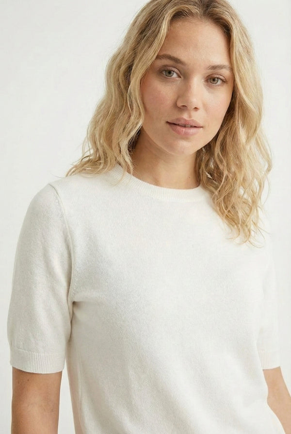 LOHNR Rhea Sweater in Ecru - Breathable luxury sculpted tee with architectural drape and silky finish