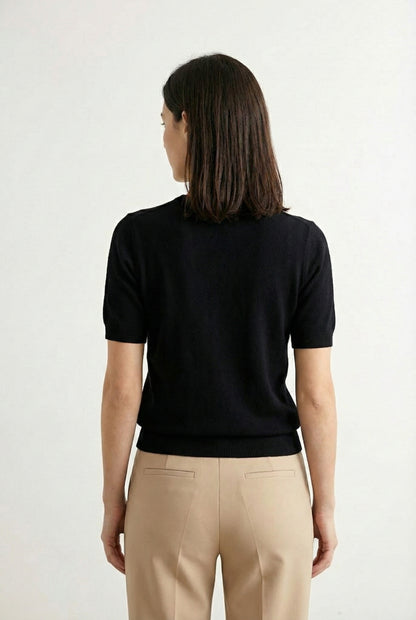 LOHNR Rhea Sweater in Onyx - Breathable luxury sculpted tee with architectural drape and silky finish