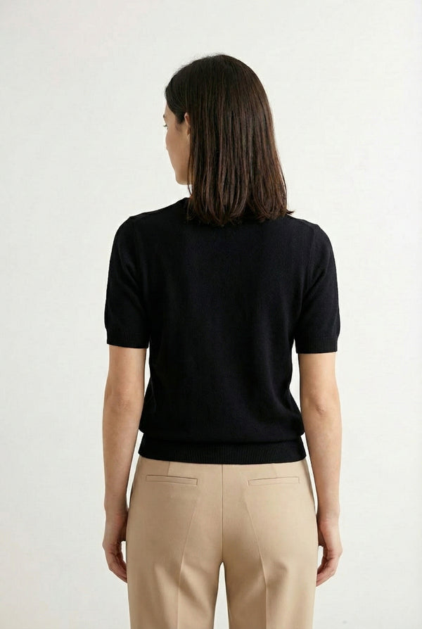 LOHNR Rhea Sweater in Onyx - Breathable luxury sculpted tee with architectural drape and silky finish