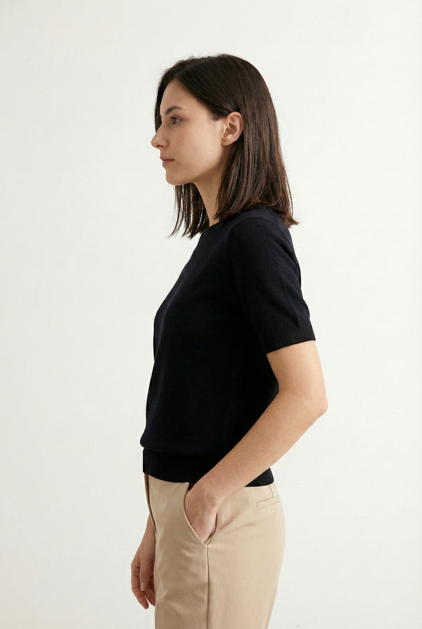 LOHNR Rhea Sweater in Onyx - Breathable luxury sculpted tee with architectural drape and silky finish