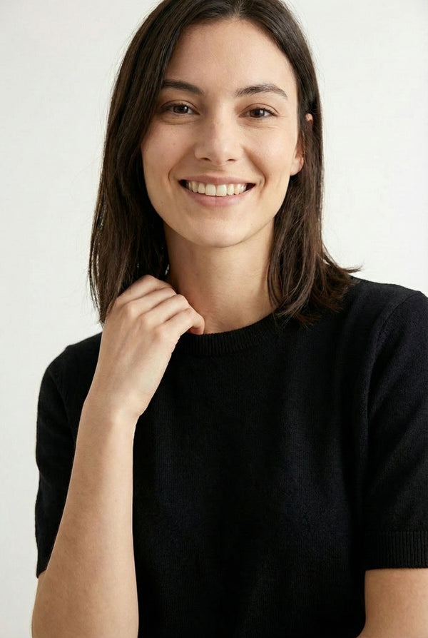 LOHNR Rhea Sweater in Onyx - Breathable luxury sculpted tee with architectural drape and silky finish