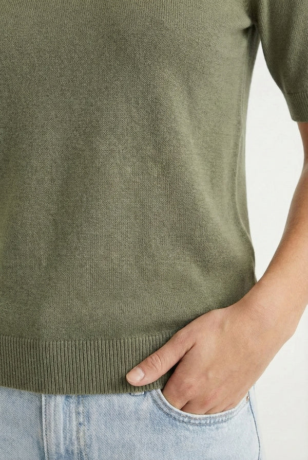 LOHNR Rhea Sweater in Sage - Breathable luxury sculpted tee with architectural drape and silky finish