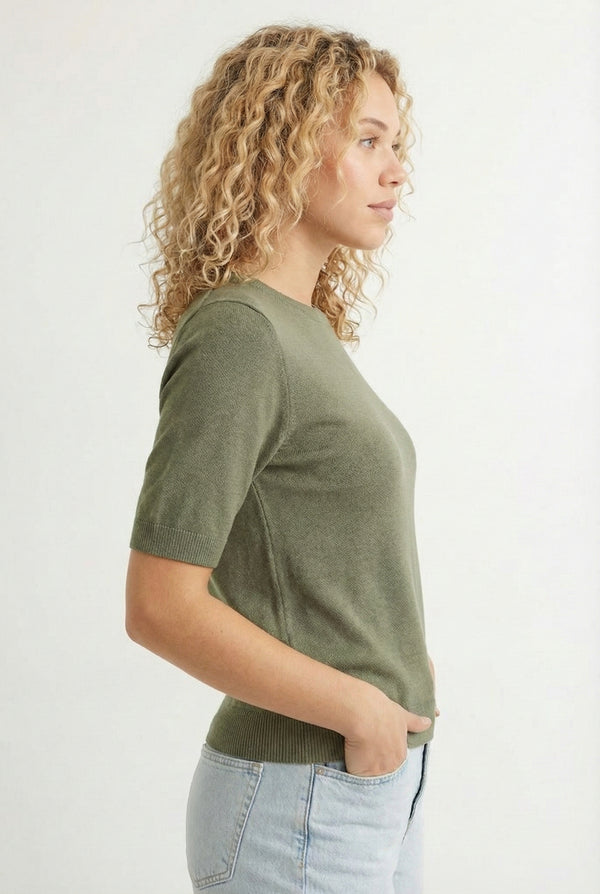LOHNR Rhea Sweater in Sage - Breathable luxury sculpted tee with architectural drape and silky finish
