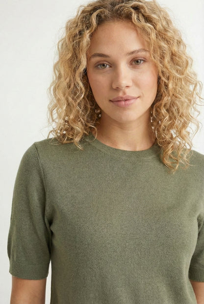 LOHNR Rhea Sweater in Sage - Breathable luxury sculpted tee with architectural drape and silky finish
