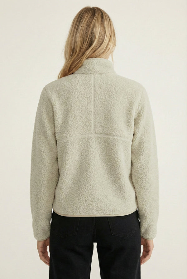 Women's Roam Sherpa Fleece Pullover in Ecru by LOHNR. A plush, half-zip layering piece with a structured collar.