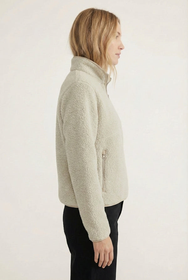 Women's Roam Sherpa Fleece Pullover in Ecru by LOHNR. A plush, half-zip layering piece with a structured collar.