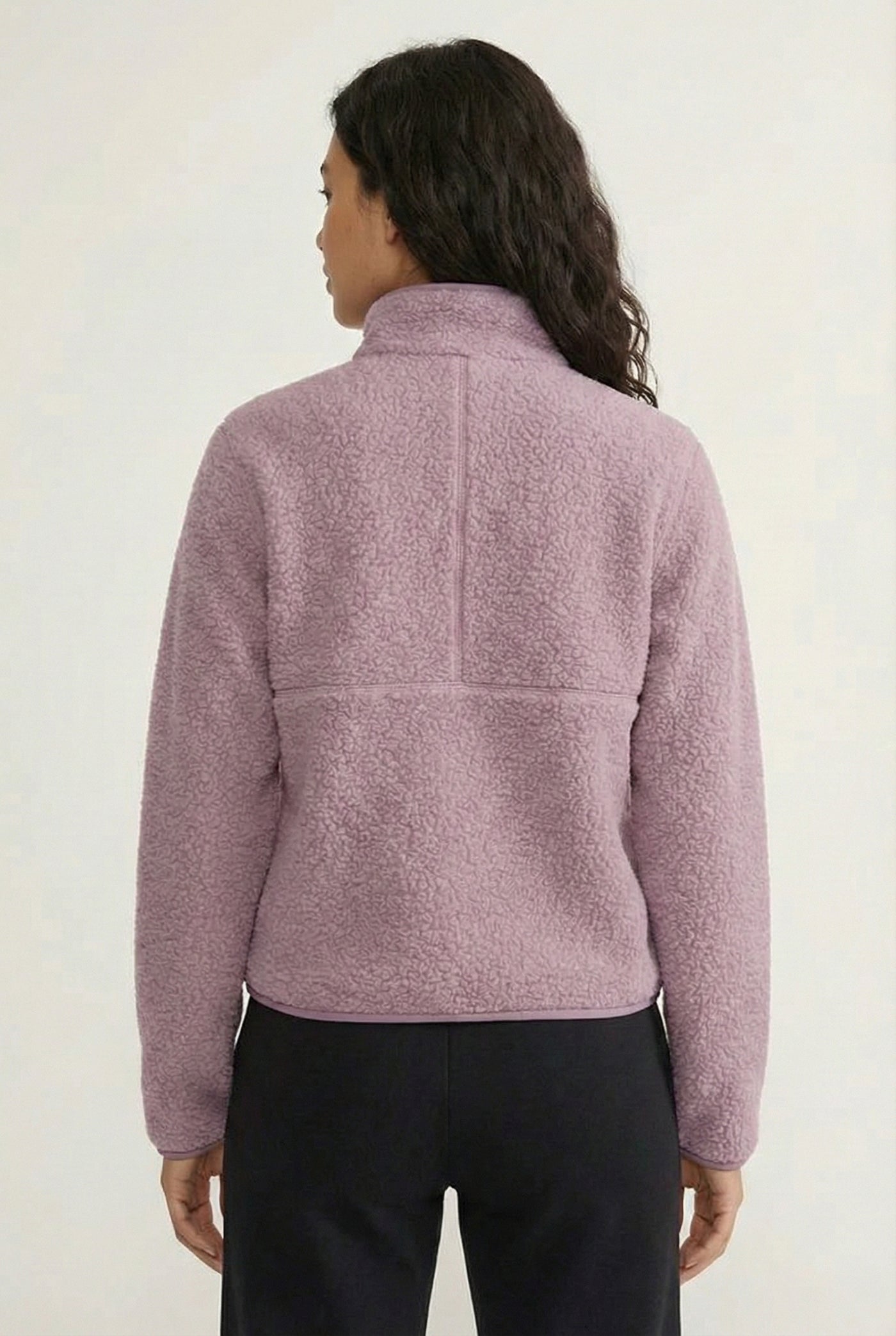 Women's Roam Sherpa Fleece Pullover in Lavender by LOHNR. A plush, half-zip layering piece with a structured collar.