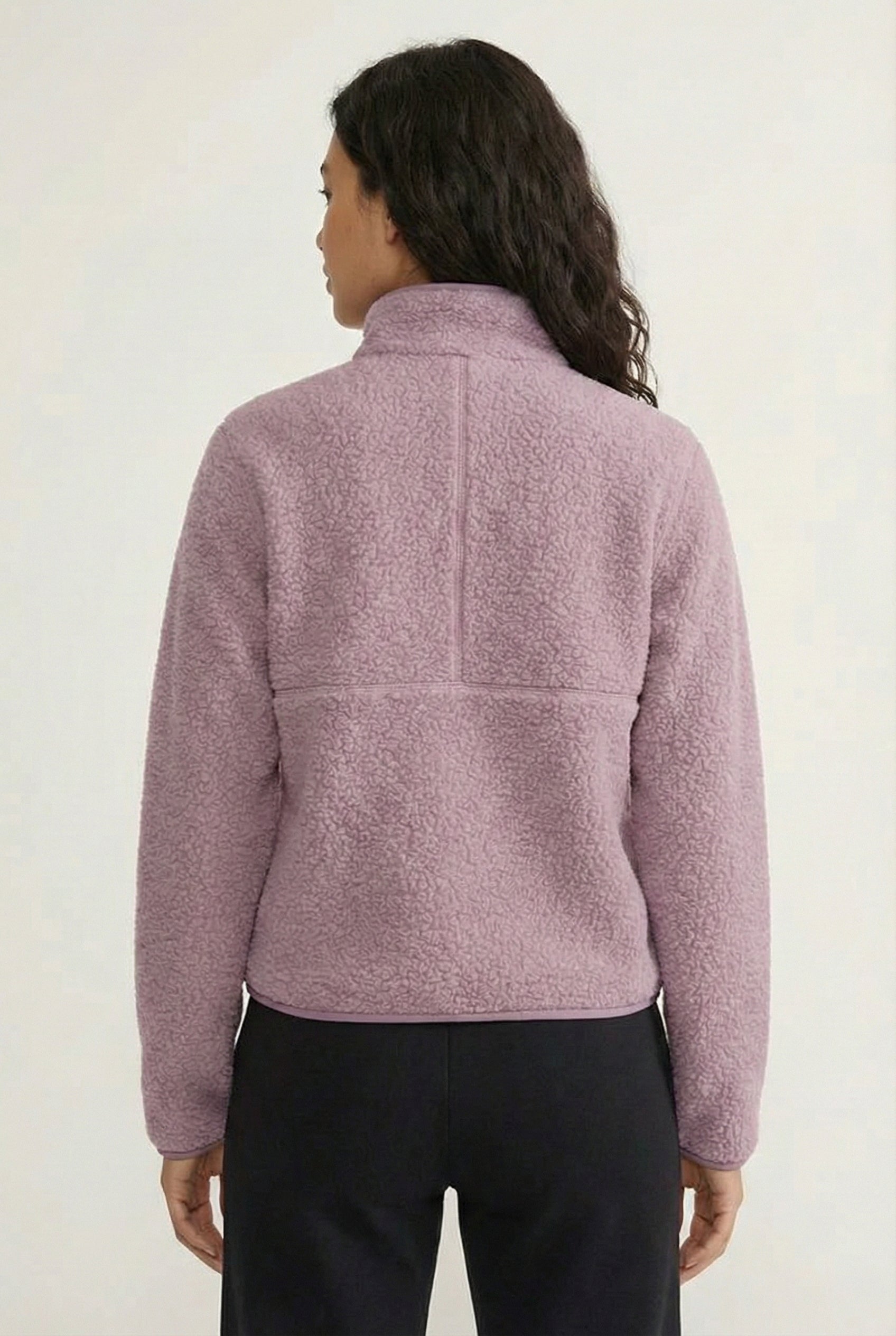 Women's Roam Sherpa Fleece Pullover in Lavender by LOHNR. A plush, half-zip layering piece with a structured collar.