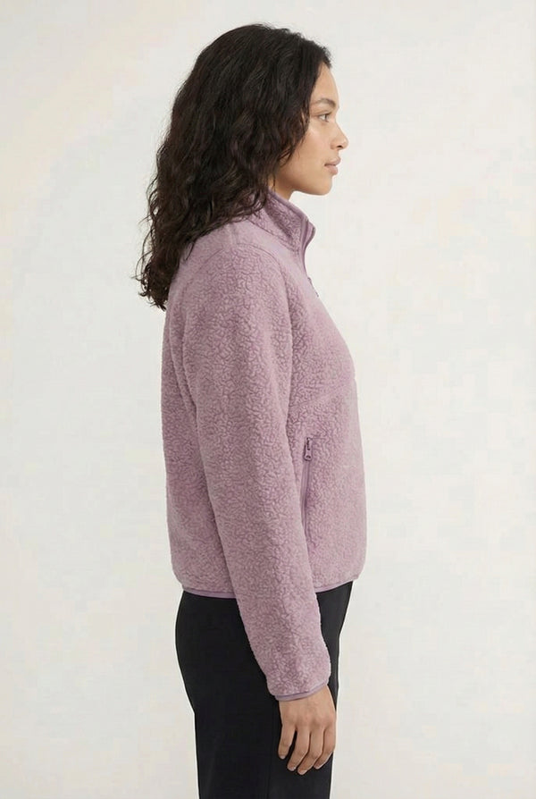 Women's Roam Sherpa Fleece Pullover in Lavender by LOHNR. A plush, half-zip layering piece with a structured collar.