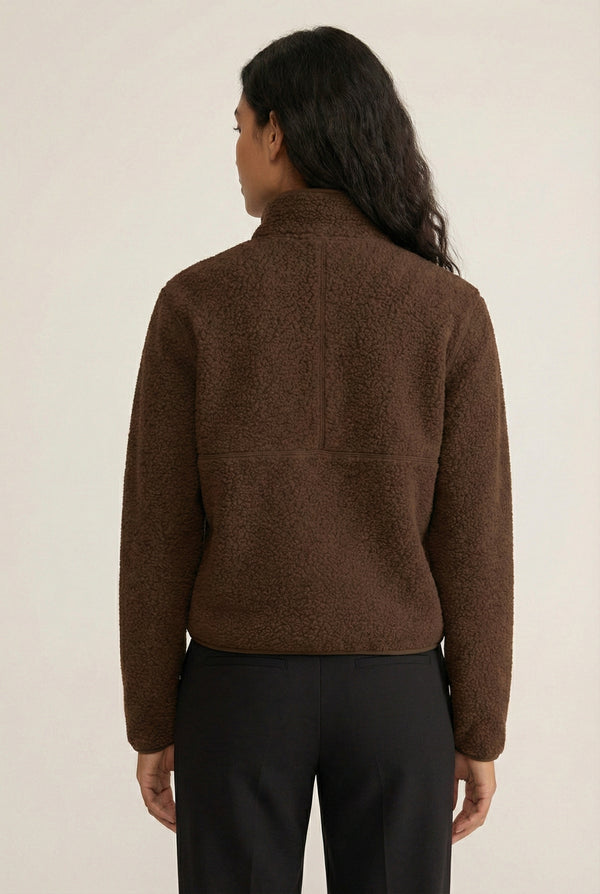 Women's Roam Sherpa Fleece Pullover in Mocha by LOHNR. A plush, half-zip layering piece with a structured collar.