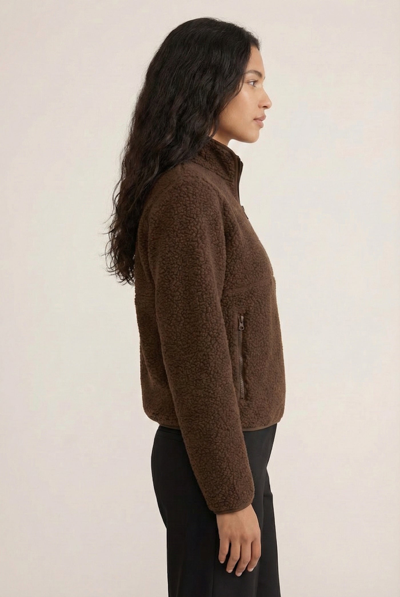 Women's Roam Sherpa Fleece Pullover in Mocha by LOHNR. A plush, half-zip layering piece with a structured collar.