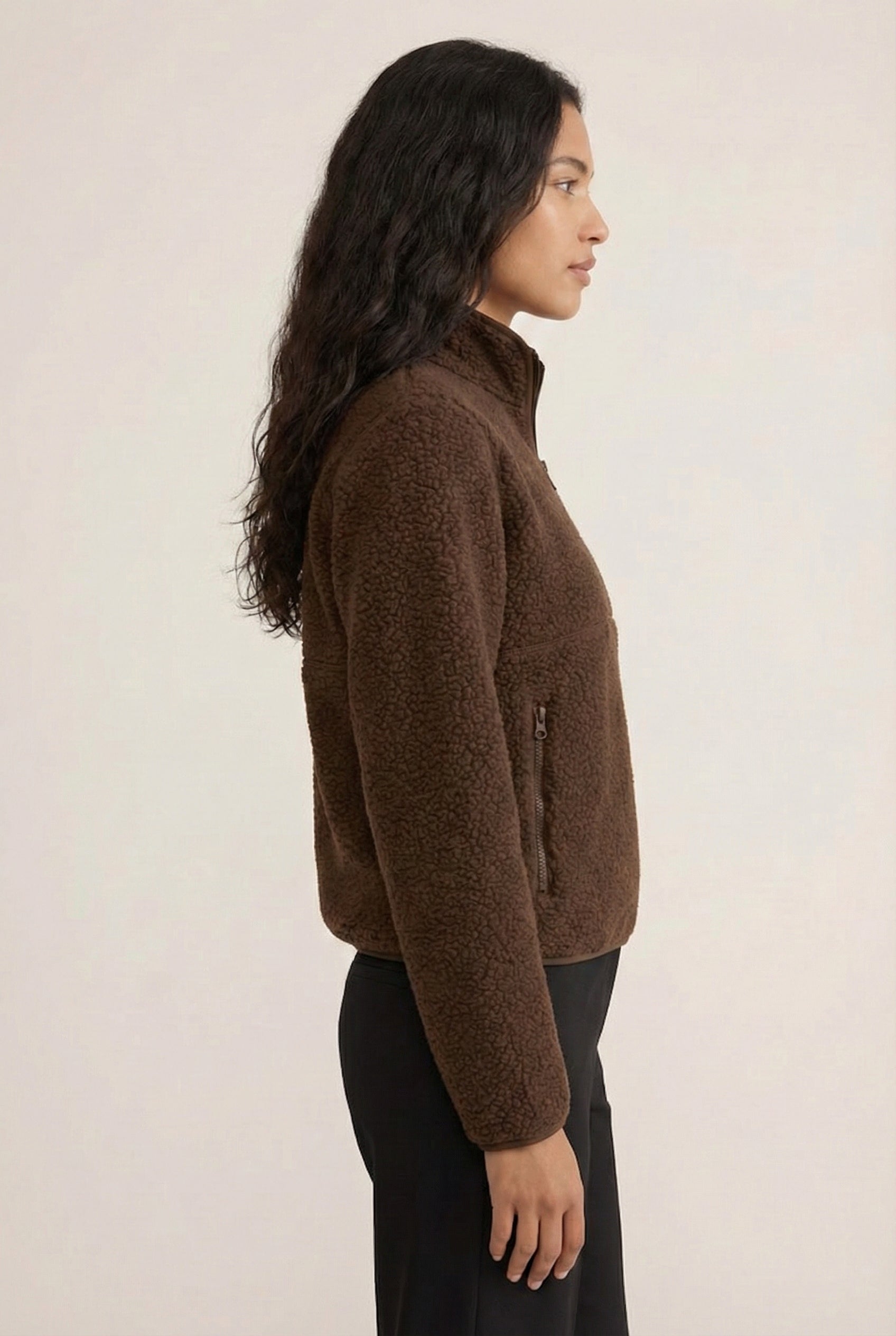 Women's Roam Sherpa Fleece Pullover in Mocha by LOHNR. A plush, half-zip layering piece with a structured collar.