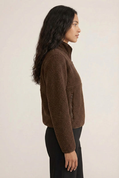 Women's Roam Sherpa Fleece Pullover in Mocha by LOHNR. A plush, half-zip layering piece with a structured collar.