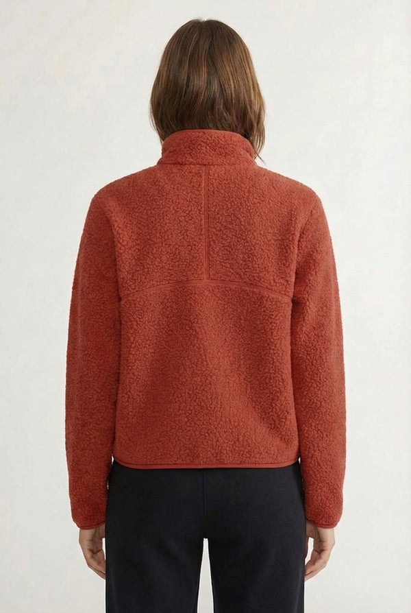 Women's Roam Sherpa Fleece Pullover in Redwood by LOHNR. A plush, half-zip layering piece with a structured collar.