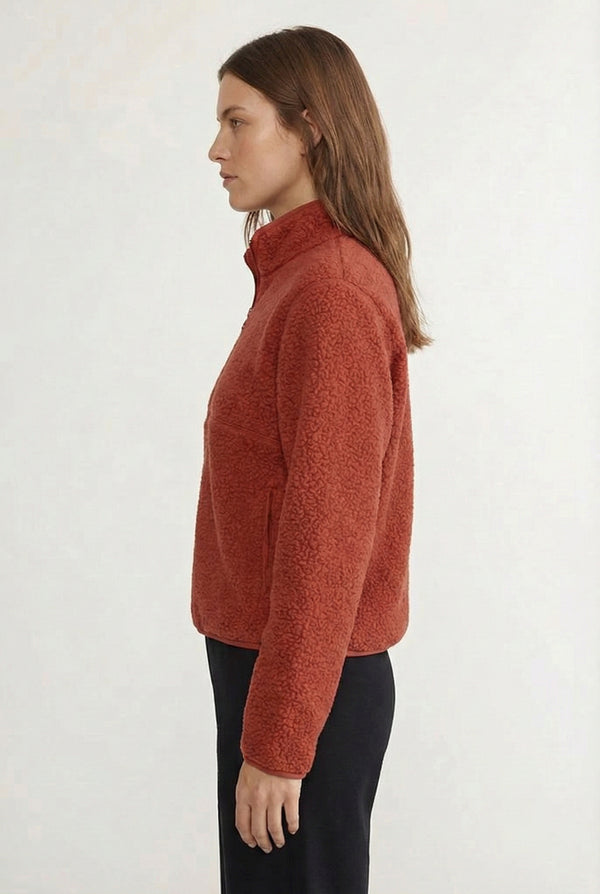 Women's Roam Sherpa Fleece Pullover in Redwood by LOHNR. A plush, half-zip layering piece with a structured collar.