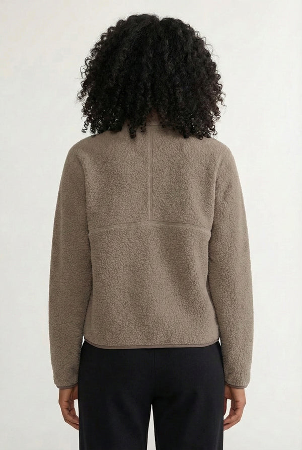 Women's Roam Sherpa Fleece Pullover in Truffle by LOHNR. A plush, half-zip layering piece with a structured collar.