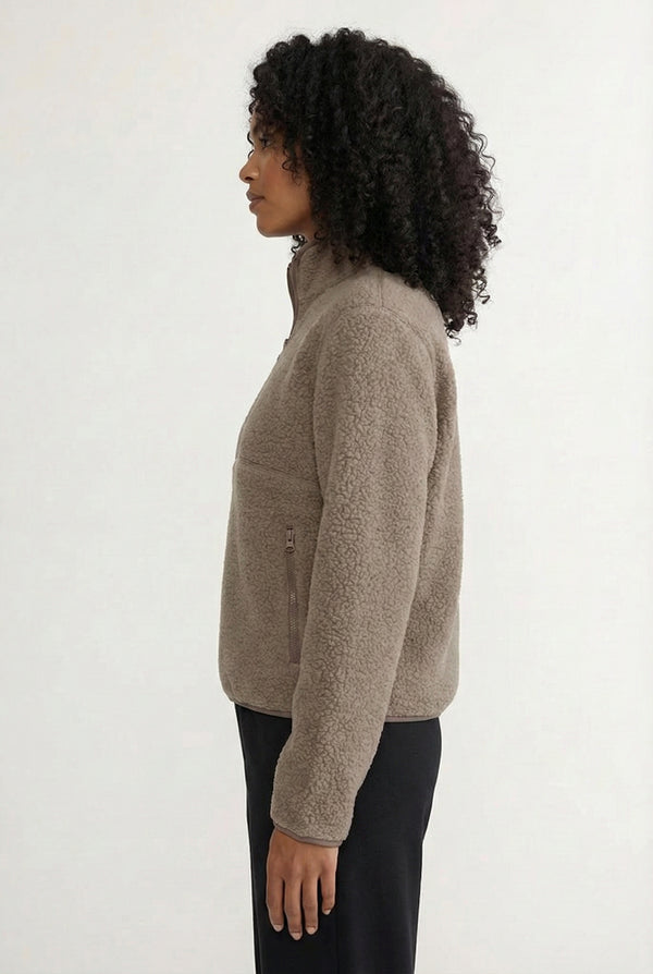 Women's Roam Sherpa Fleece Pullover in Truffle by LOHNR. A plush, half-zip layering piece with a structured collar.
