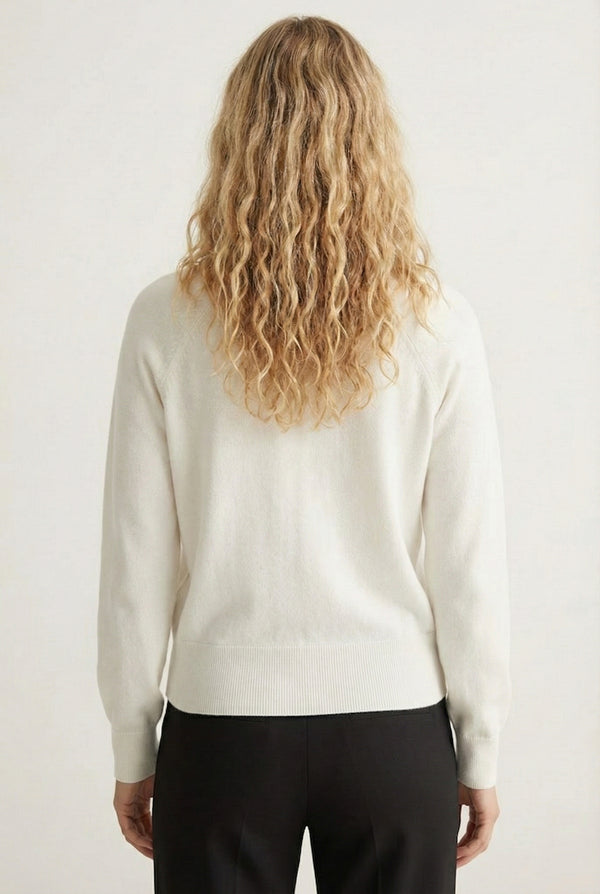 Women's smooth Roux Henley Sweater in Ecru by LOHNR, featuring a relaxed blouson fit, dropped shoulders, and a half-button placket.