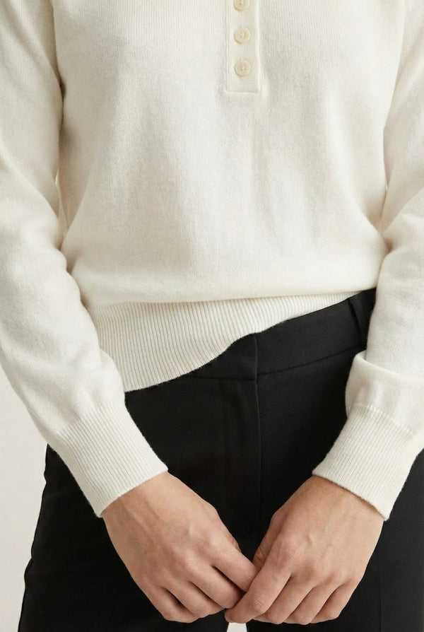 Women's smooth Roux Henley Sweater in Ecru by LOHNR, featuring a relaxed blouson fit, dropped shoulders, and a half-button placket.