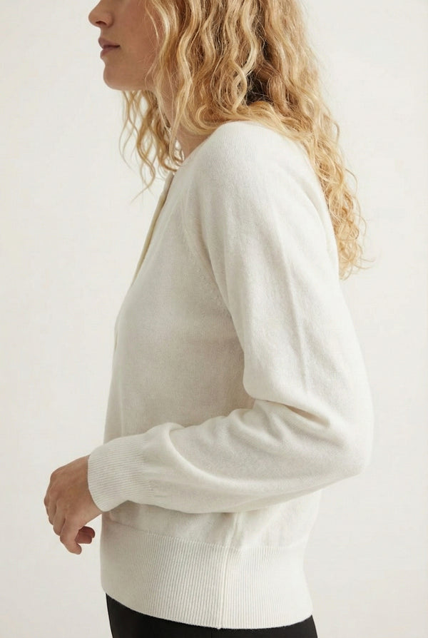 Women's smooth Roux Henley Sweater in Ecru by LOHNR, featuring a relaxed blouson fit, dropped shoulders, and a half-button placket.