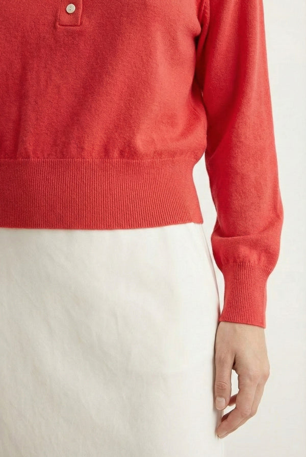 Women's smooth Roux Henley Sweater in Petal by LOHNR, featuring a relaxed blouson fit, dropped shoulders, and a half-button placket.