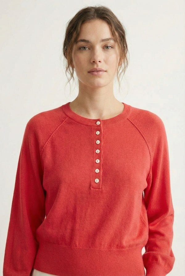 Women's smooth Roux Henley Sweater in Petal by LOHNR, featuring a relaxed blouson fit, dropped shoulders, and a half-button placket.