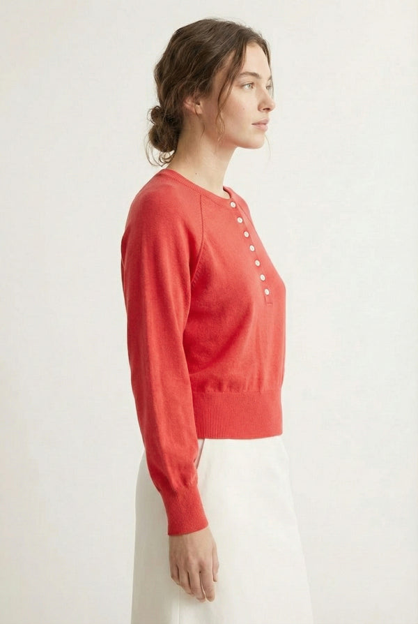 Women's smooth Roux Henley Sweater in Petal by LOHNR, featuring a relaxed blouson fit, dropped shoulders, and a half-button placket.