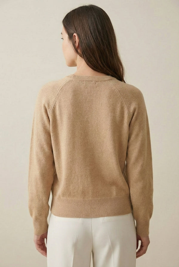 Women's smooth Roux Henley Sweater in Sandstone by LOHNR, featuring a relaxed blouson fit, dropped shoulders, and a half-button placket.