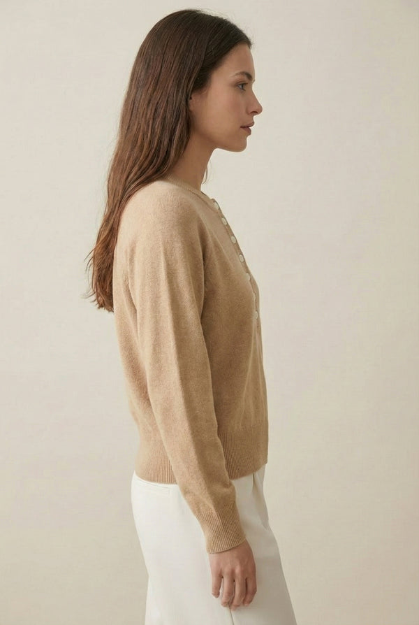 Women's smooth Roux Henley Sweater in Sandstone by LOHNR, featuring a relaxed blouson fit, dropped shoulders, and a half-button placket.