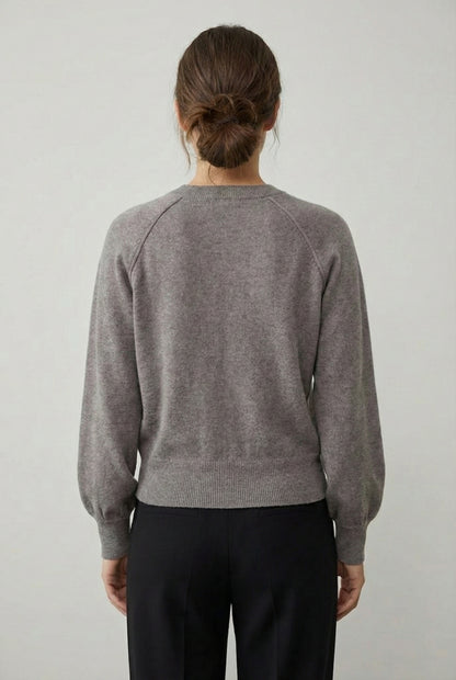 Women's smooth Roux Henley Sweater in Slate by LOHNR, featuring a relaxed blouson fit, dropped shoulders, and a half-button placket.