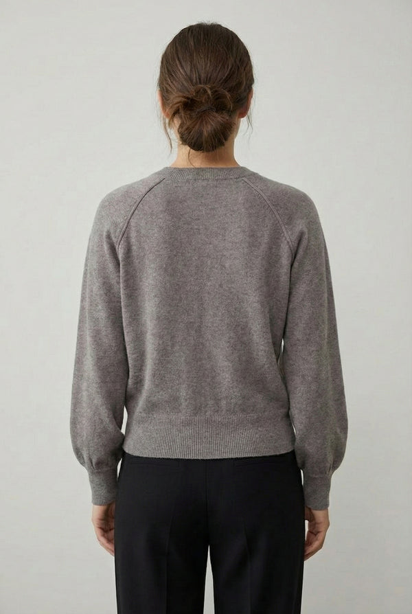 Women's smooth Roux Henley Sweater in Slate by LOHNR, featuring a relaxed blouson fit, dropped shoulders, and a half-button placket.