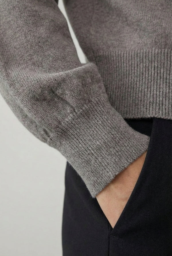 Women's smooth Roux Henley Sweater in Slate by LOHNR, featuring a relaxed blouson fit, dropped shoulders, and a half-button placket.