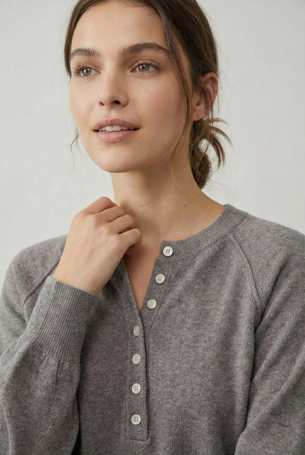 Women's smooth Roux Henley Sweater in Slate by LOHNR, featuring a relaxed blouson fit, dropped shoulders, and a half-button placket.