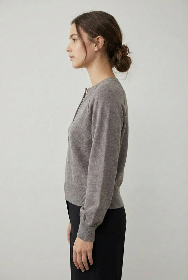 Women's smooth Roux Henley Sweater in Slate by LOHNR, featuring a relaxed blouson fit, dropped shoulders, and a half-button placket.