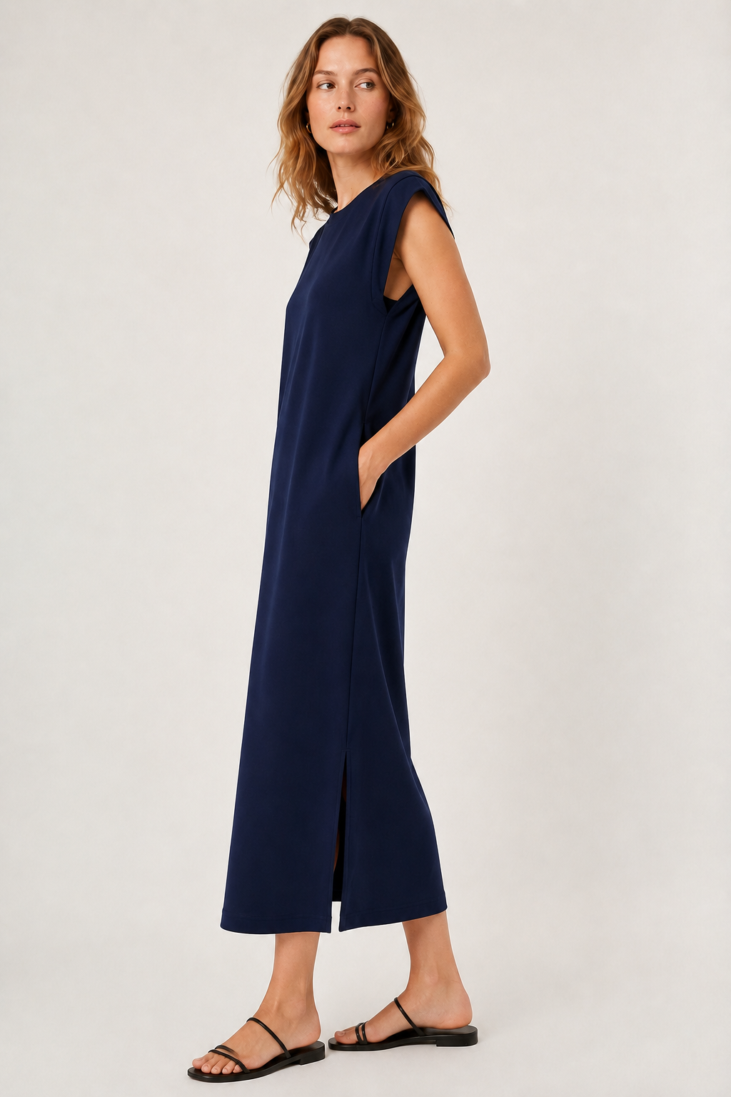 Professional studio shot of a model wearing the Lohnr Rowan Midi dress in Midnight Ink, featuring a premium relaxed drape and side split hem.