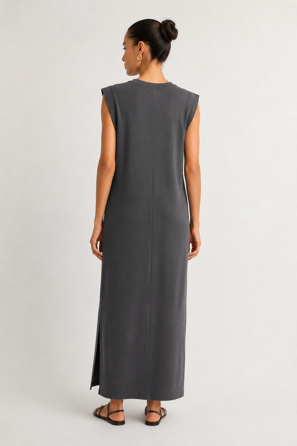 Professional studio shot of a model wearing the Lohnr Rowan Midi dress in Slate, featuring a premium relaxed drape and side split hem.